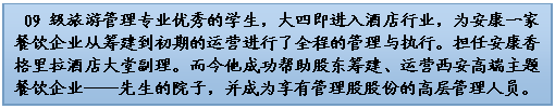 文本框:  09级旅游管理专业优秀的学生，大四即进入酒店行业，为安康一家餐饮企业从筹建到初期的运营进行了全程的管理与执行。担任安康香格里拉酒店大堂副理。而今他成功帮助股东筹建、运营西安高端主题餐饮企业——先生的院子，并成为享有管理股股份的高层管理人员。